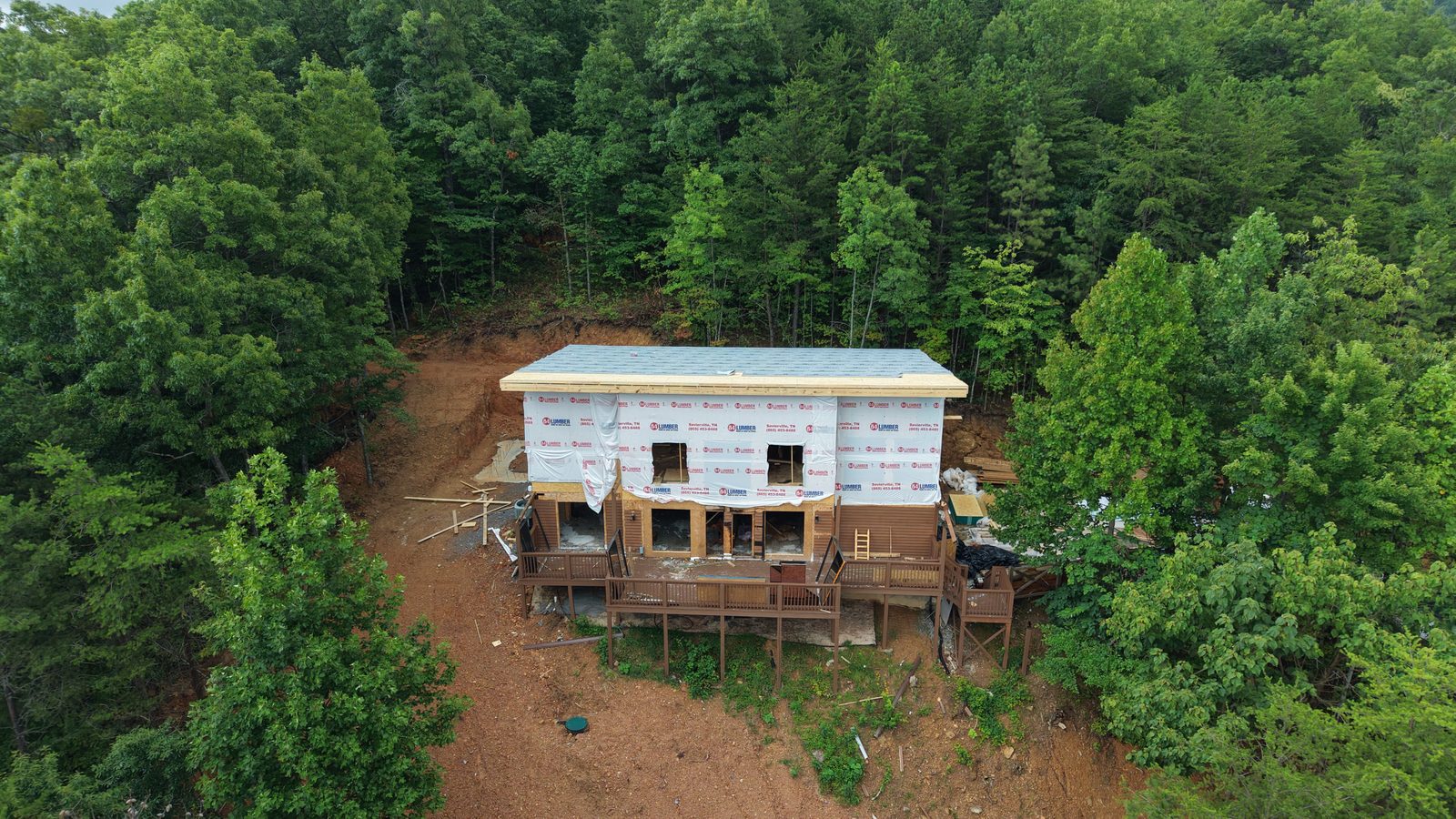 Aerial view of framing and roof sheathing